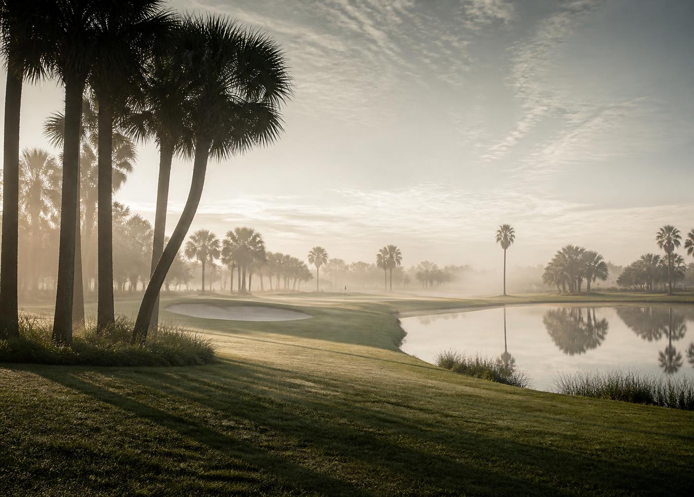 Golf course and lake in Florida at dawn